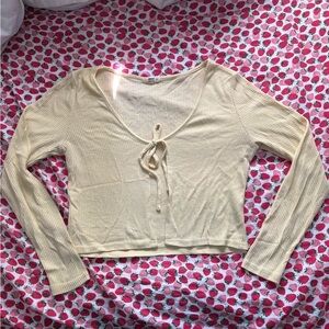 Ardene Butter Yellow Ribbed Tie-Front Long Sleeve Crop Top